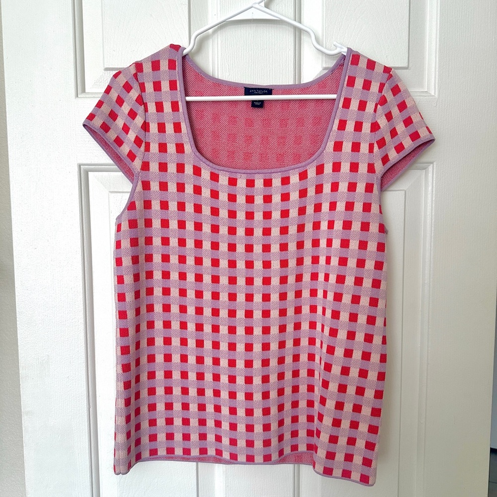 Ann Taylor Pink and Red Checkered Top